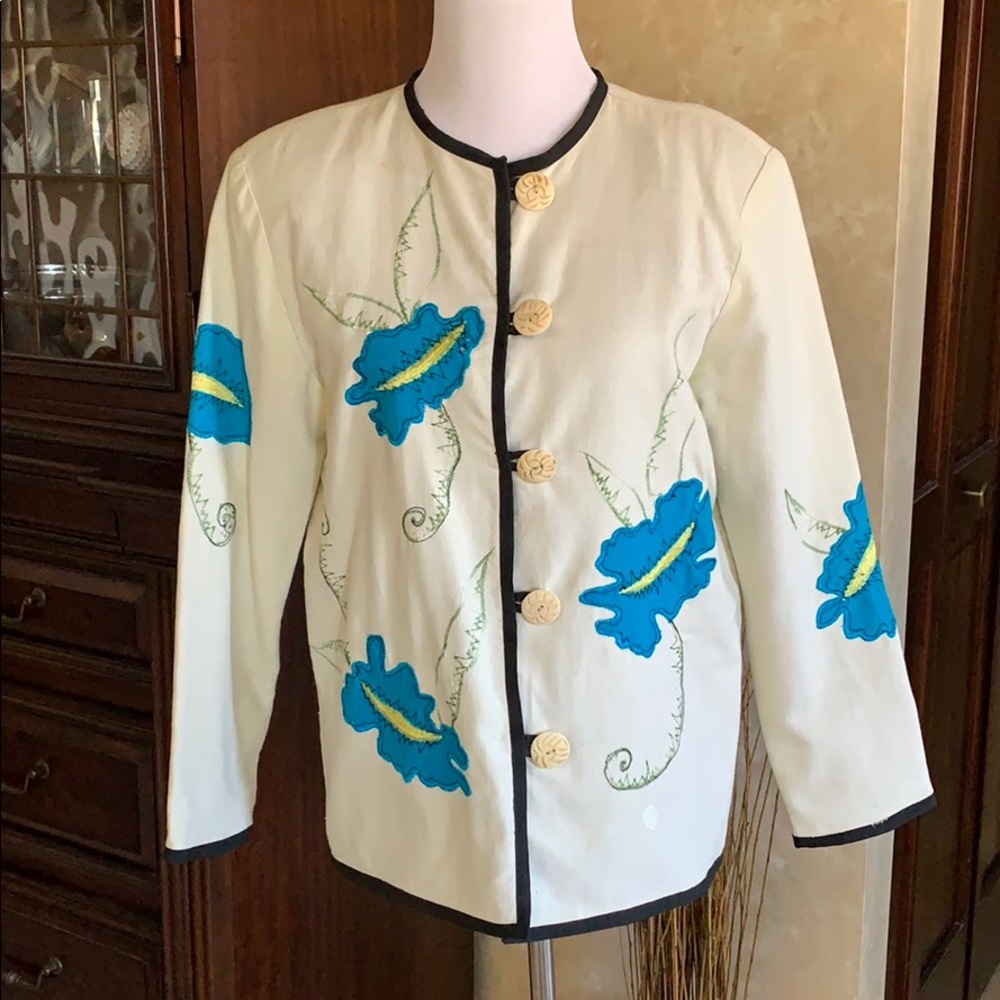 Alex Kim cream jacket with appliqué and embroidery